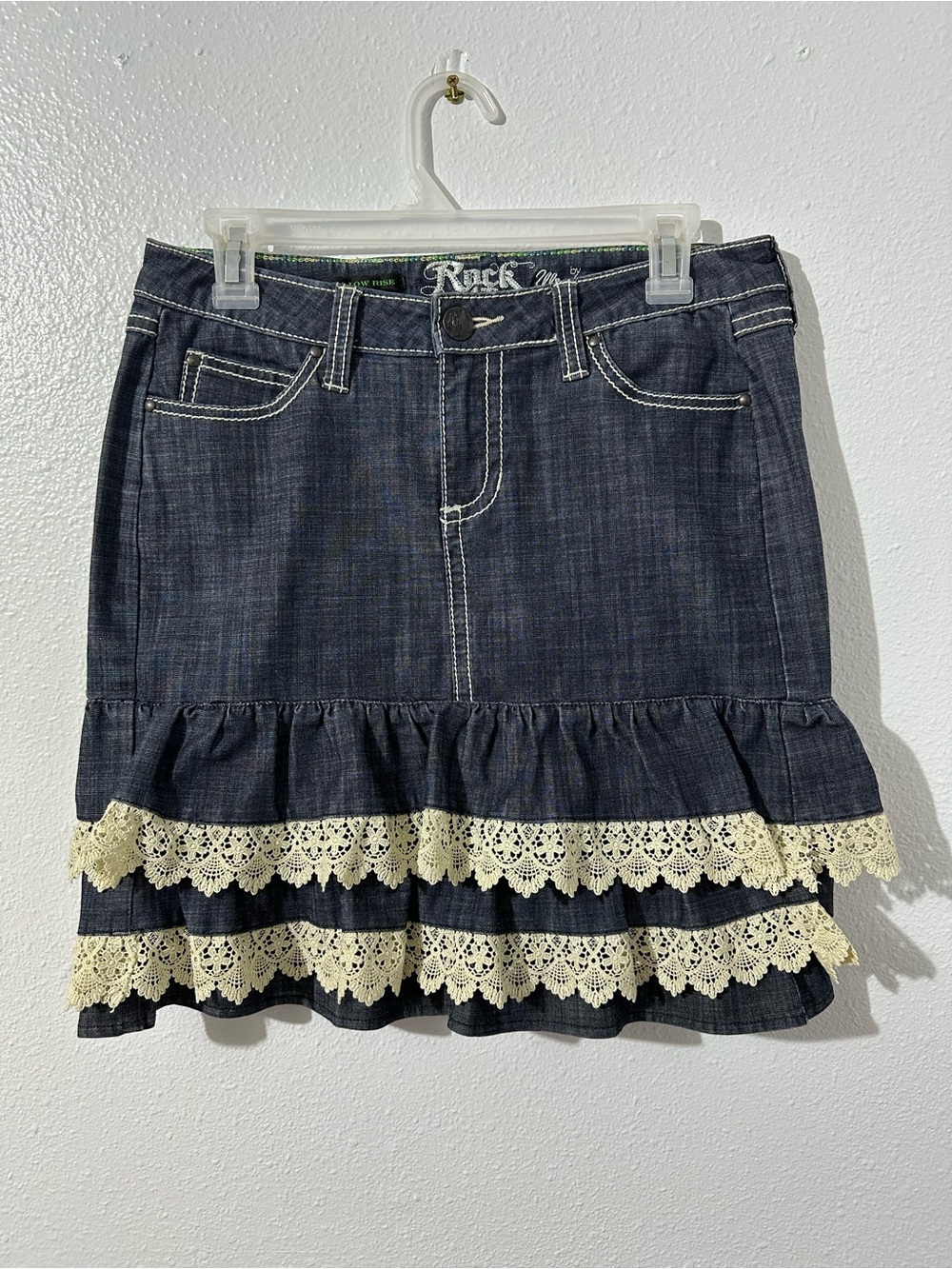Wrangler Rock 47 Womens 27 Ultra Low Rise Skirt Denim Ruffled Lace Western